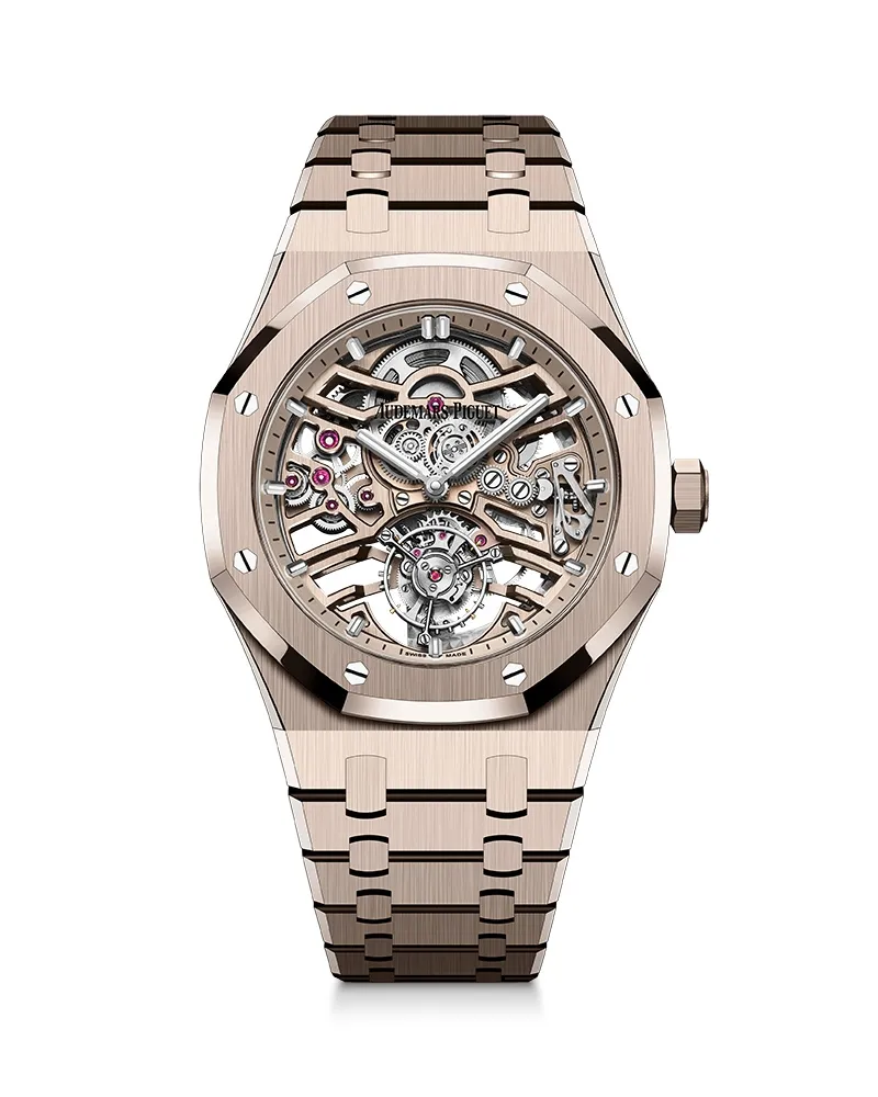 Royal Oak皇家橡樹系列自動上鍊飛行陀飛輪沙金腕錶，41mm，2972自動上鍊機芯，25萬元法郎（約903萬元台幣）。品牌提供