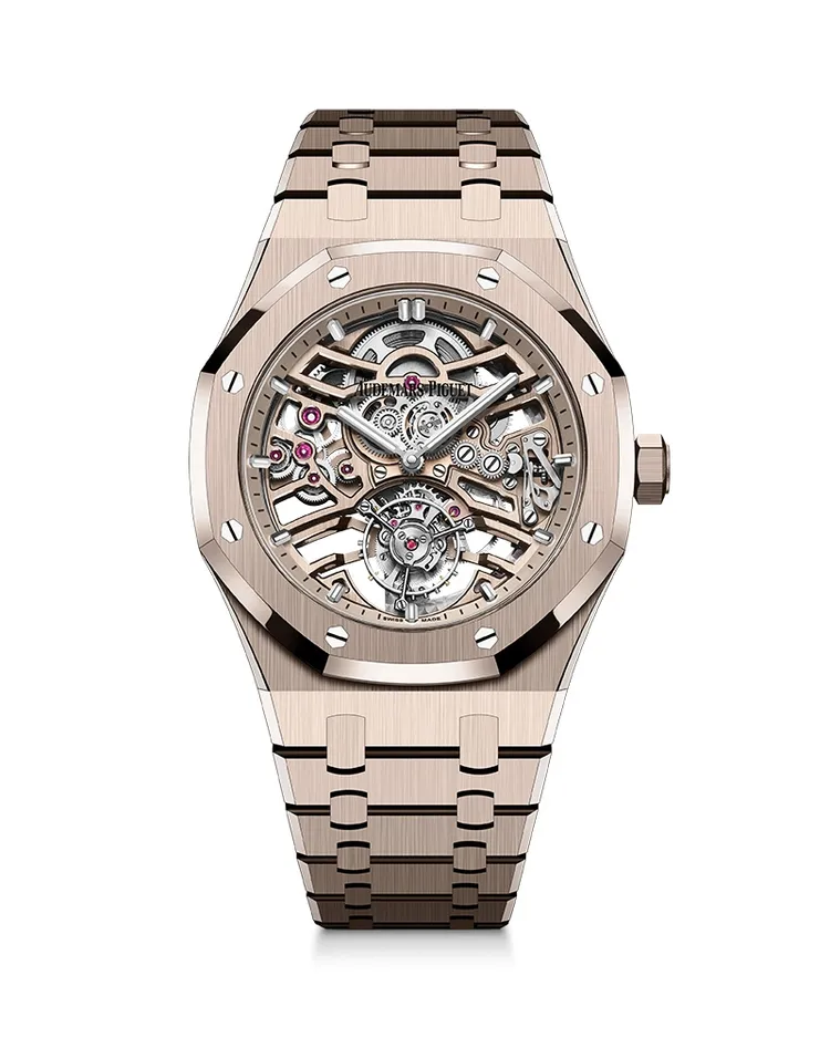 Royal Oak皇家橡樹系列自動上鍊飛行陀飛輪沙金腕錶，41mm，2972自動上鍊機芯，25萬元法郎（約903萬元台幣）。品牌提供