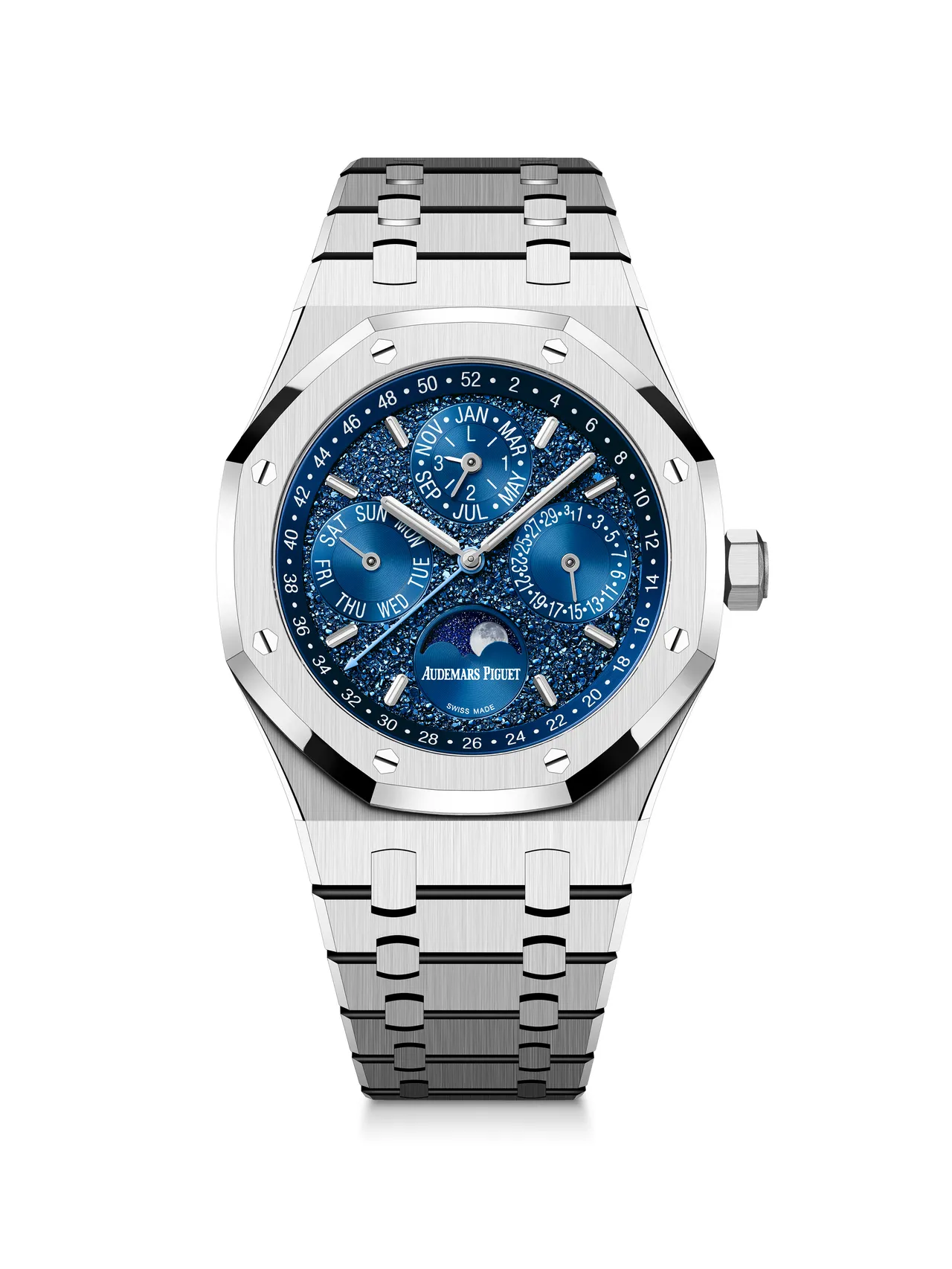 Royal Oak皇家橡樹系列「John Mayer」限量版萬年曆腕錶，41mm，5134自動上鍊萬年曆機芯，15萬法郎（約542萬元台幣），限量200只。品牌提供