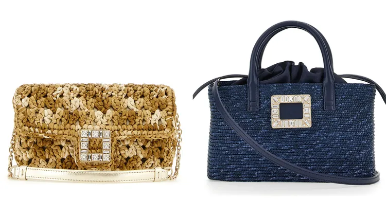 Tres Vivier拉菲草鑽扣手拿包（左）6萬6000元、Viv Skate海軍藍拉菲草鑽扣托特包6萬2600元。品牌提供