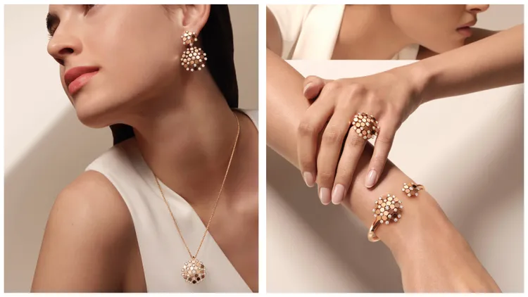 CHAUMET Bee My Love 18K玫瑰金系列，（左圖）項鍊38萬8000元、耳環90萬6000元；（右圖）手環60萬4000元、戒指35萬2000元。品牌提供
