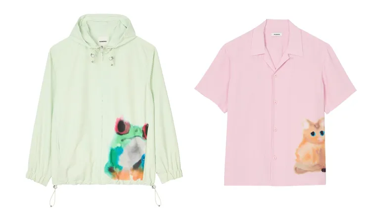 亞洲地區限定WILD ANIMALS青蛙防風外套（左）1萬4290元、貓咪短袖襯衫8590元。品牌提供
