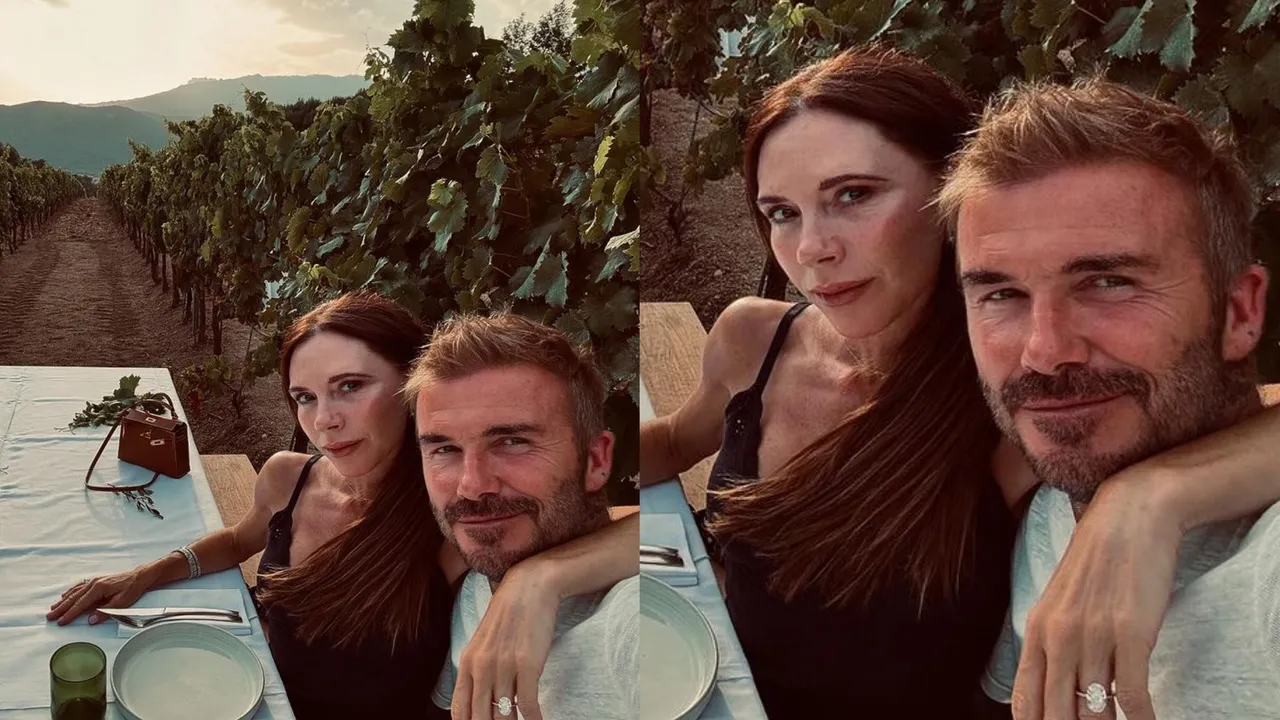 貝嫂（左）和貝克漢在法國度假，手上的巨型鴿子蛋鑽戒很搶眼。翻攝davidbeckham IG