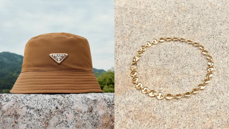PRADARe-Nylon 漁夫帽（左）2萬3000元、金屬項鍊（右）4萬6000元。品牌提供