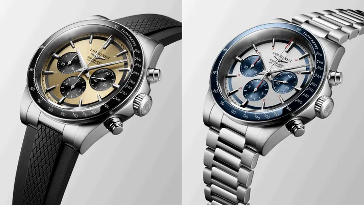 浪琴全新Conquest征服者系列計時腕錶香檳金面盤黑色陶瓷錶圈搭配黑色橡膠錶帶（右）12萬5400元、藍色陶瓷錶圈搭配不鏽鋼鍊帶（右）12萬9000元。品牌提供
