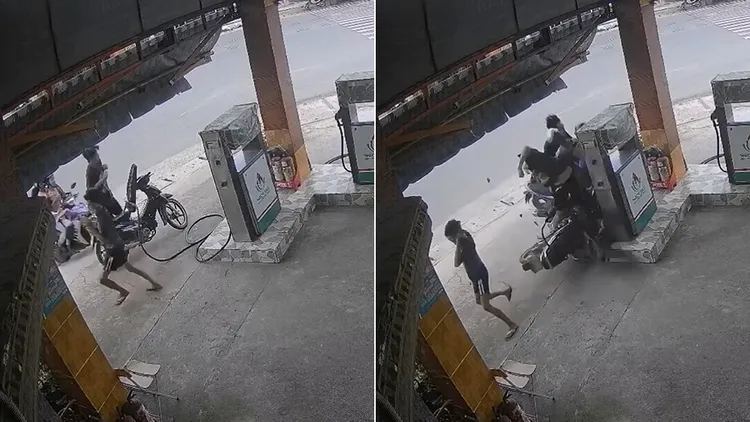 加油站員工發現機車衝過來後急忙閃避。翻攝自X