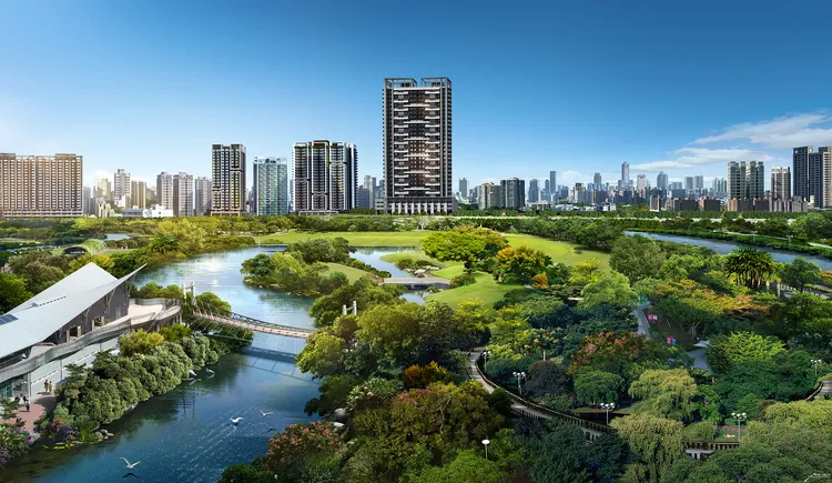 「森悦」就地段上具備公園首排優勢，而中都濕地公園首排地價早已突破百萬元。興富發提供 