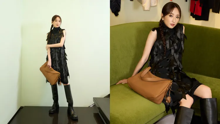 柯佳嬿，黑色綢緞洋裝飾以蝴蝶結細節19萬5000元、黑色絲質及膝褲18萬元、Aimée皮革肩背包10萬5000元。品牌提供