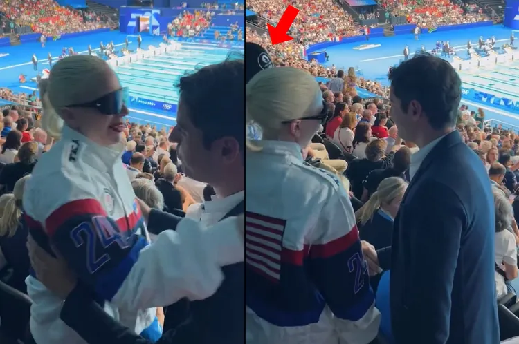 女神卡卡與法國總理艾塔爾擁抱寒暄，並介紹身旁的未婚夫（箭頭處）和艾塔爾握手。翻攝娛樂圈茶水間微博