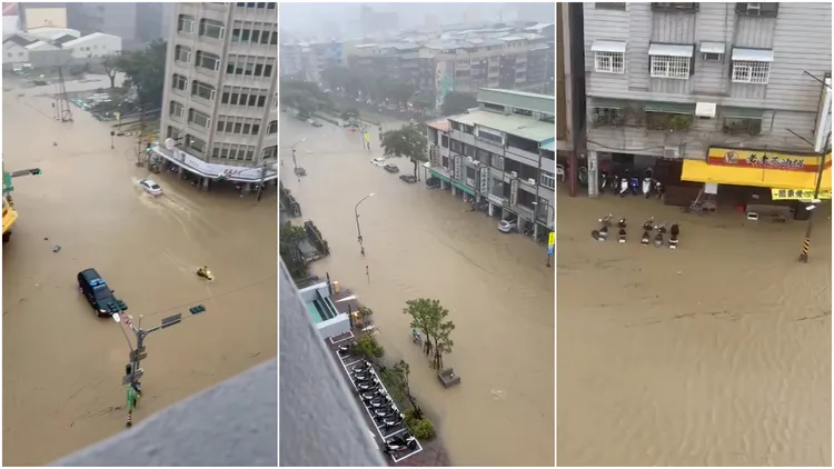 高雄鼓山警分局門口道路大淹水。翻攝記者爆料網