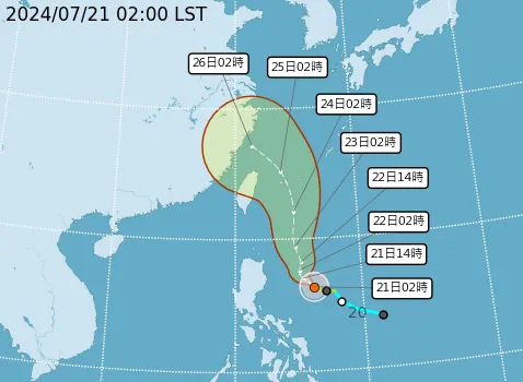 凱米颱風朝西北轉北北西的方向進行。氣象署提供