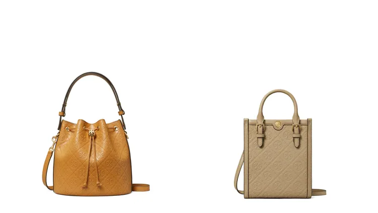TORY BURCH T Monogram Leather水桶包（左）2萬3900元、T Monogram Leather迷你托特包（右）1萬7900元。品牌提供