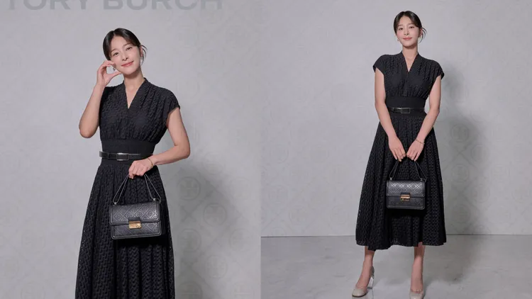 薛仁雅選穿早秋系列刺繡棉質洋裝並搭配T Monogram Leather肩背包。品牌提供