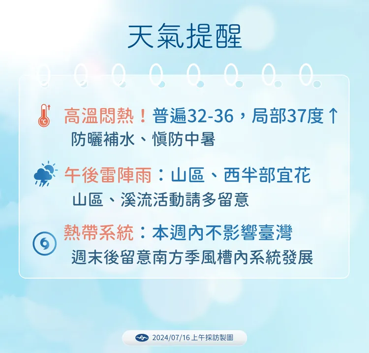 0717各地天氣提醒。氣象署提供