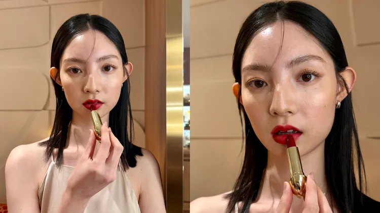 Model示範Rouge G紅寶之吻高訂緞光唇膏#775。張家玲攝