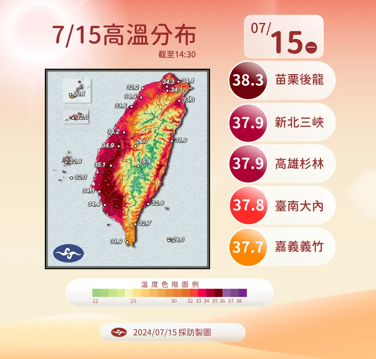 0715高溫分佈。氣象署提供