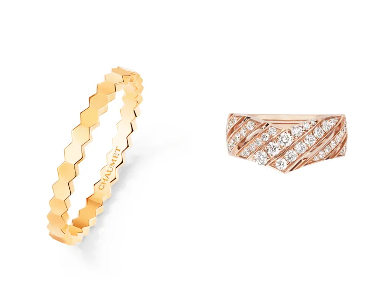 任時完還戴了Bee My Love戒指（左圖）3萬2700元，和Joséphine Aigrette 18K玫瑰金戒指（右圖）43萬2000元。品牌提供