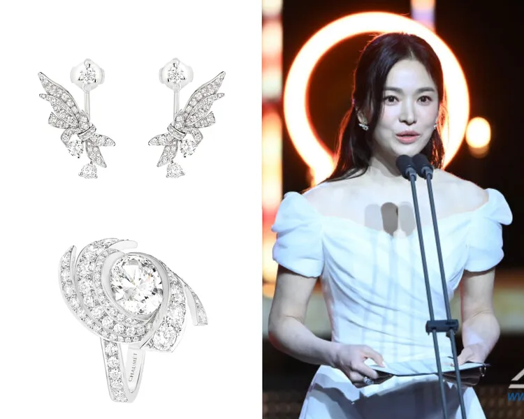 宋慧喬佩戴CHAUMET Laurier 18K白金耳環（97萬元）和Torsade de Chaumet 18K白金戒指。單品圖品牌提供、右圖翻攝朝鮮體育