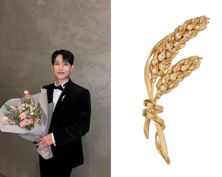 新科視帝任時完，選戴了象徵豐收的L'Épi de Blé de Chaumet黃金麥穗胸針，61萬4000元。左圖翻攝任時完IG、單品圖品牌提供