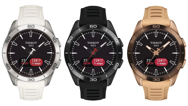 天梭T-Touch Connect Sport 運動版觸控腕錶（左起）鈦金屬3萬6100元、黑色PVD 3萬4600元、玫瑰金PVD 3萬4600元。品牌提供