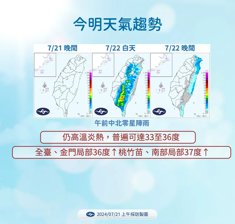 0721今明天氣趨勢。氣象署提供