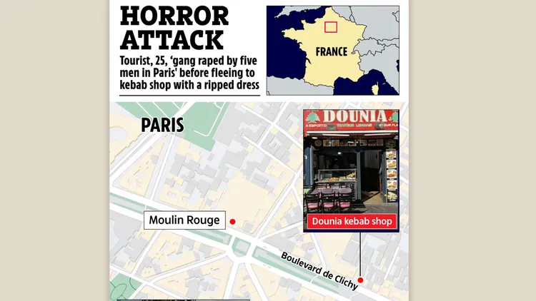 女子在紅磨坊區附近酒吧和夜店喝酒後，疑似遭5名男子輪暴，之後她逃至該土耳其烤肉店（Dounia）。翻攝自太陽報
