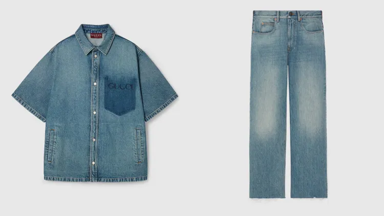 GUCCI丹寧襯衫（左圖）3萬9500元、水洗丹寧長褲（右圖）3萬2500元。品牌提供