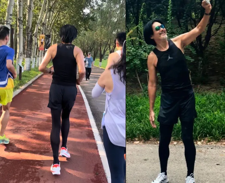 周潤發一身黑色勁裝在北京慢跑。翻攝娛樂張桂芬微博