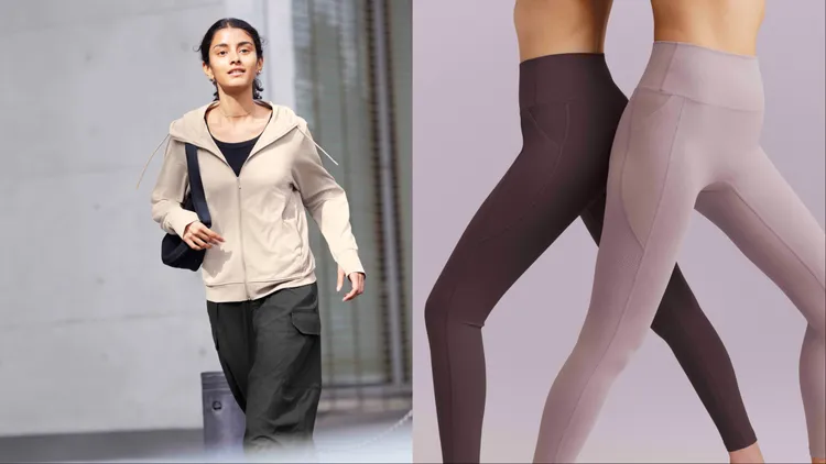 女裝AIRism防曬抗UV網眼連帽外套（左）990元、女裝特級彈性AIRism防曬抗UV緊身褲790元。品牌提供