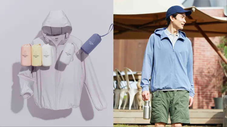 女裝可攜式防曬抗UV連帽外套（左）各1290元、男裝DRY-EX快乾防曬連帽外套（特級彈性）990元。品牌提供