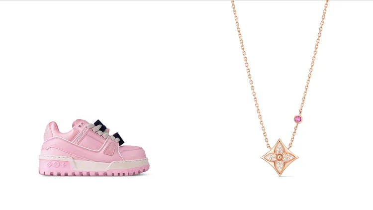 LV Trainer Maxi 粉紅色運動鞋（左）7萬4000元、Color Blossom玫瑰金與粉紅藍寶石與鑽石項鍊（右）15萬2000元。品牌提供