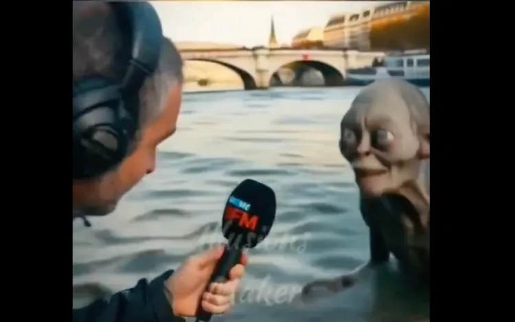 有網友惡搞後製魔戒中咕嚕在河中受訪的影片並與巴黎市長受訪做比較。翻攝自X@alexysiktrice