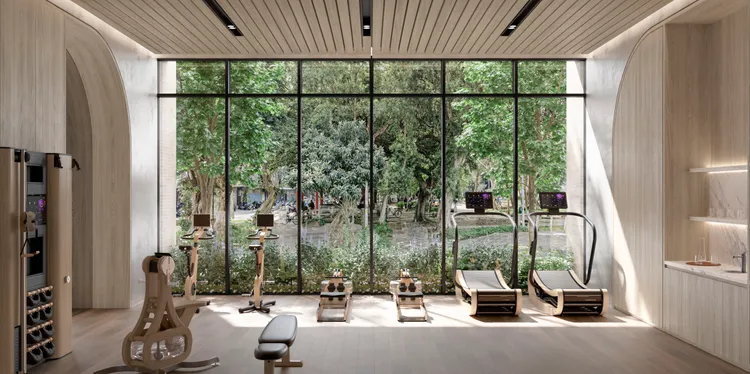 健身房特選手工製作健身器材品牌，使用永續生長認證的木材，扣合「衡沐」永續宗旨，創造出社區內外一致的平衡自然意象。（健身房3D透視圖）