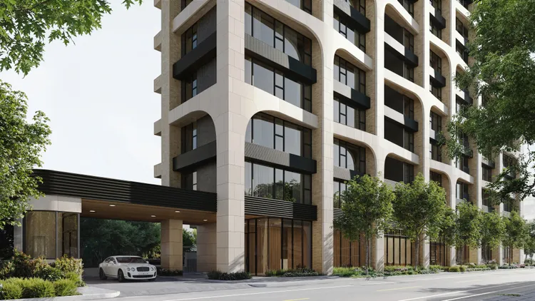 「衡沐」展現髙田浩一擅長的自然建築筆法，融入森林意象，以曲線勾勒樹形結構，層疊而上，令建築宛如一座森林，矗立於四維公園前，形成完整自然街廓。(外觀3D透視圖)