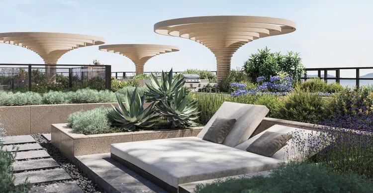 同心圓樣式的傘形涼亭，猶如大樹自土地而上形成的樹冠，提供遮蔭的活動空間，也輝映著建築森林結構概念。頂樓花園配置30多種植栽，彷彿置身一座微型植物園，提供住戶面向自然，一覽城市壯闊景觀的休憩場域。（頂樓花園3D透視圖）