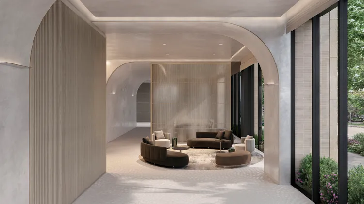 將一致的設計概念延伸到公共空間，大廳交誼區以半透明的格柵區隔不同空間，強化了延伸的空間關係。柱與牆面頂部採弧形曲線，既對應外觀語彙，亦放緩視線，柔和內部線條。（門廳3D透視圖）