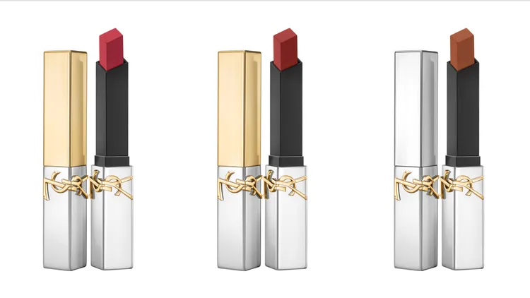 YSL七夕情人節奢金燦銀限定版奢華緞面絲絨唇膏#77（左圖）、#1966（中圖）；奢華緞面絨霧唇膏#314（右圖），各1580元。品牌提供