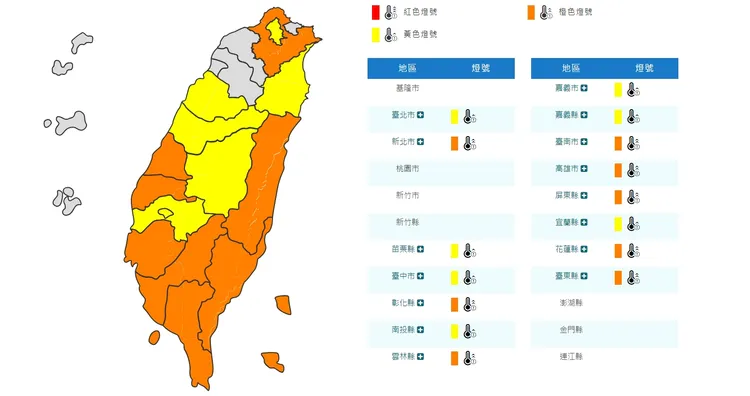 全臺多地11日掛起橙色高溫燈號。翻攝自氣象署官網