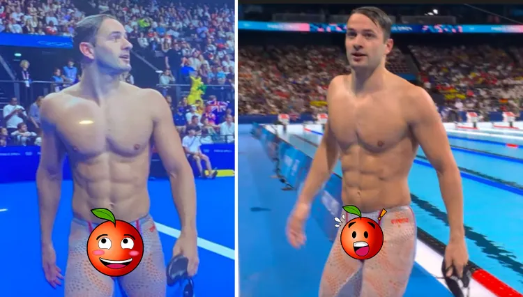 荷蘭帥哥泳將卡明加的泳褲下水後一片肉色，「有穿比沒穿還性感」。翻攝X@Ian_MJ1