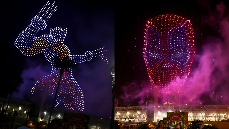 無人機拼出死侍與狼叔的英勇模樣。漫威影業提供