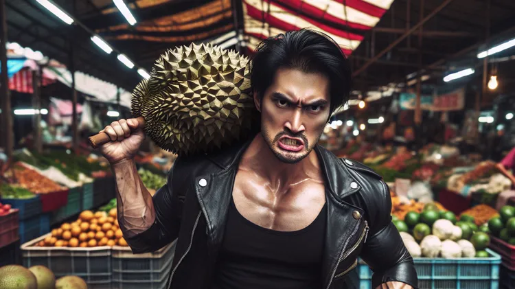 攤位老闆發生衝突，有人拿榴槤砸頭當武器。AI生成示意圖。