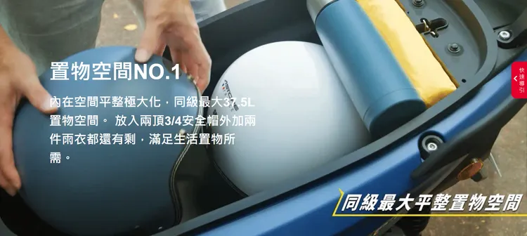 同級車最大車廂NO.1同級最大37.5L置物空間。 放入兩頂3/4安全帽外加兩件雨衣都還有剩