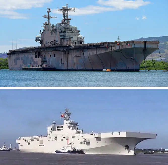 被當成靶船的4萬噸級「塔拉瓦號」（上圖，中央社）對標中國海軍的075型兩棲攻擊艦（下圖，翻攝解放軍網）。