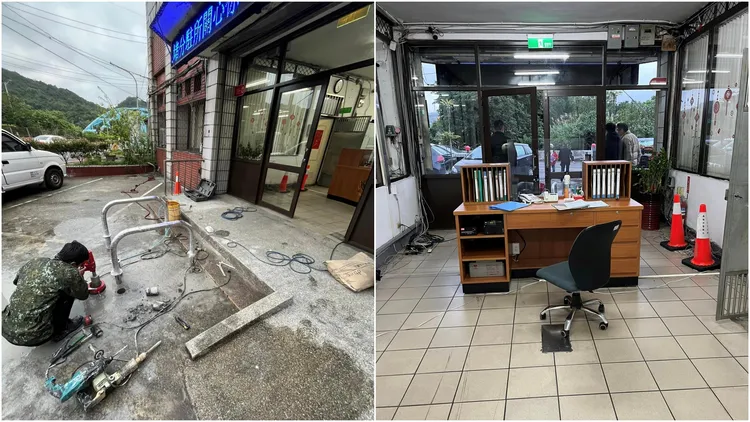 發生值班台警員遭撞殉職事故的基隆八堵分駐所，入口處已安裝不鏽鋼防撞桿因應。翻攝自李嘉濠臉書