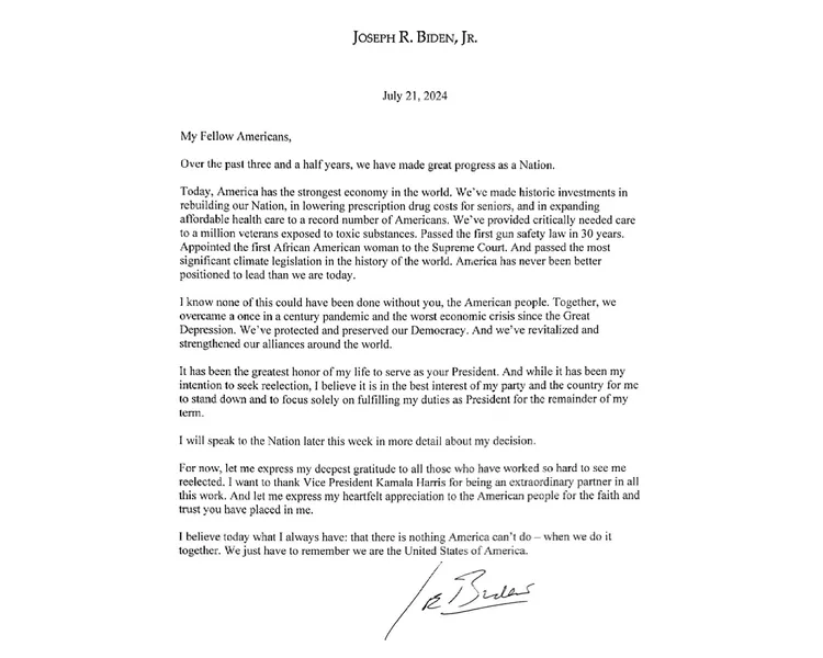 在社群媒體X上，拜登透過正式文件傳達他將退選的事實。翻攝自X＠JoeBiden