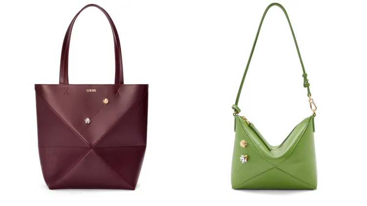 LOEWE Puzzle Fold勃根地紅小牛皮中款托特包（左圖）7萬1000元、Puzzle Fold草地綠小牛皮肩背包（右圖）5萬6000元。品牌提供