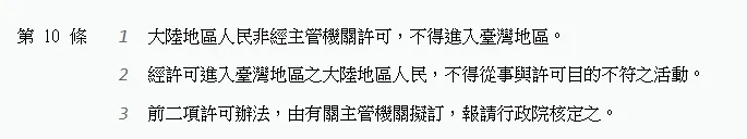 兩岸條例第10條。圖片截取自全國法規資料庫。
