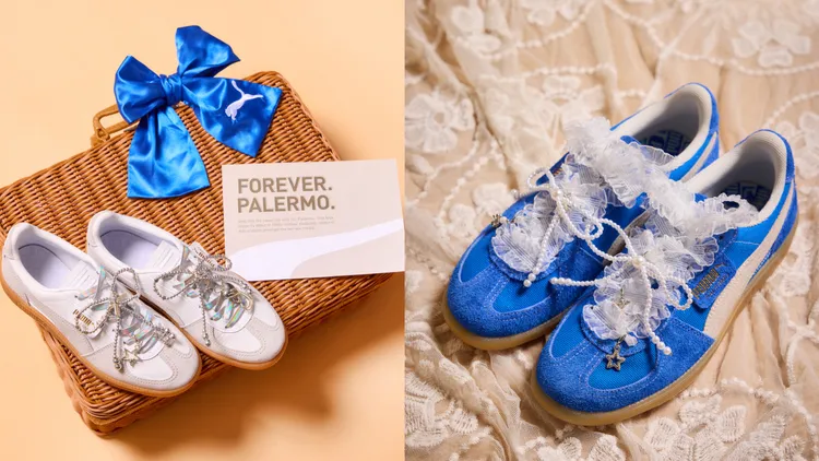PUMA「Y2K 蝴蝶結鞋扣掛飾組」未來太空銀（左）、蕾絲珍珠白（右）。品牌提供