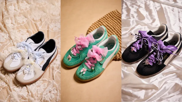PUMA「Y2K 蝴蝶結鞋扣掛飾組」初戀緹花米（左起）、浪漫網紗粉、酷帥惡魔紫。品牌提供