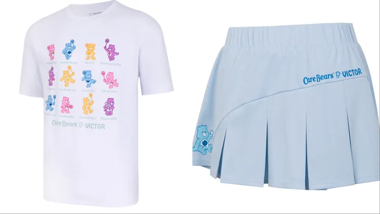 VICTOR X Care Bears聯名系列T-Shirt（左）1080元、天使藍短裙1200元。品牌提供